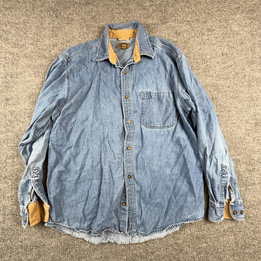 VTG Faded Glory Shirt Mens Large Blue Denim Long Sleeve Button Contrast Collar